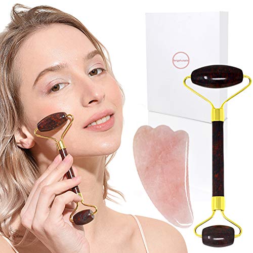 Jade Double-Head Roller Massager Natural Pink Opal Stone Slimming Face Neck Anti-wrinkle Massager Skincare Tool with GuaSha tool with a gift box W3915 (Flower Ruby)