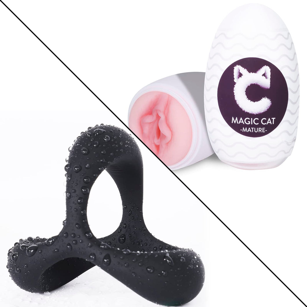 Rosenine Handheld Male Masturbators Cup and Silicone Penis Ring, for Men Masturbation with 3D Lifelike Vagina Sex Stroker, Ultra Soft Stretchy Cock Ring Support Erection Enhancing Ring Adult Sex Toy