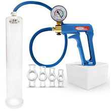 Load image into Gallery viewer, LeLuv Maxi Blue Plus Vacuum Gauge Penis Pump Bundle with Premium Silicone Hose and 4 Sizes of Constriction Rings 12 inch x 2 inch Cylinder
