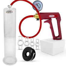 Load image into Gallery viewer, LeLuv Premium Penis Pump Maxi Red Plus Vacuum Gauge and Uncollapsible Slippery Silicone Hose Bundle with Black TPR Seal and 4 Sizes of Constriction Rings | 12 inch x 2.25 inch Cylinder
