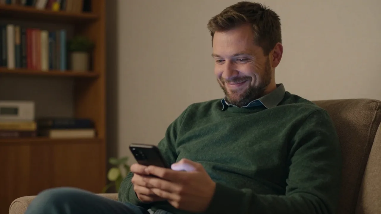 Mężczyzna w zielonym swetrze w fotelu przy regale z książkami uśmiecha się do telefonu