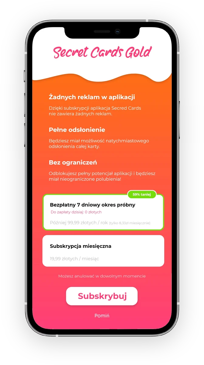 Ekran Secret Cards Gold: subskrypcja bez reklam