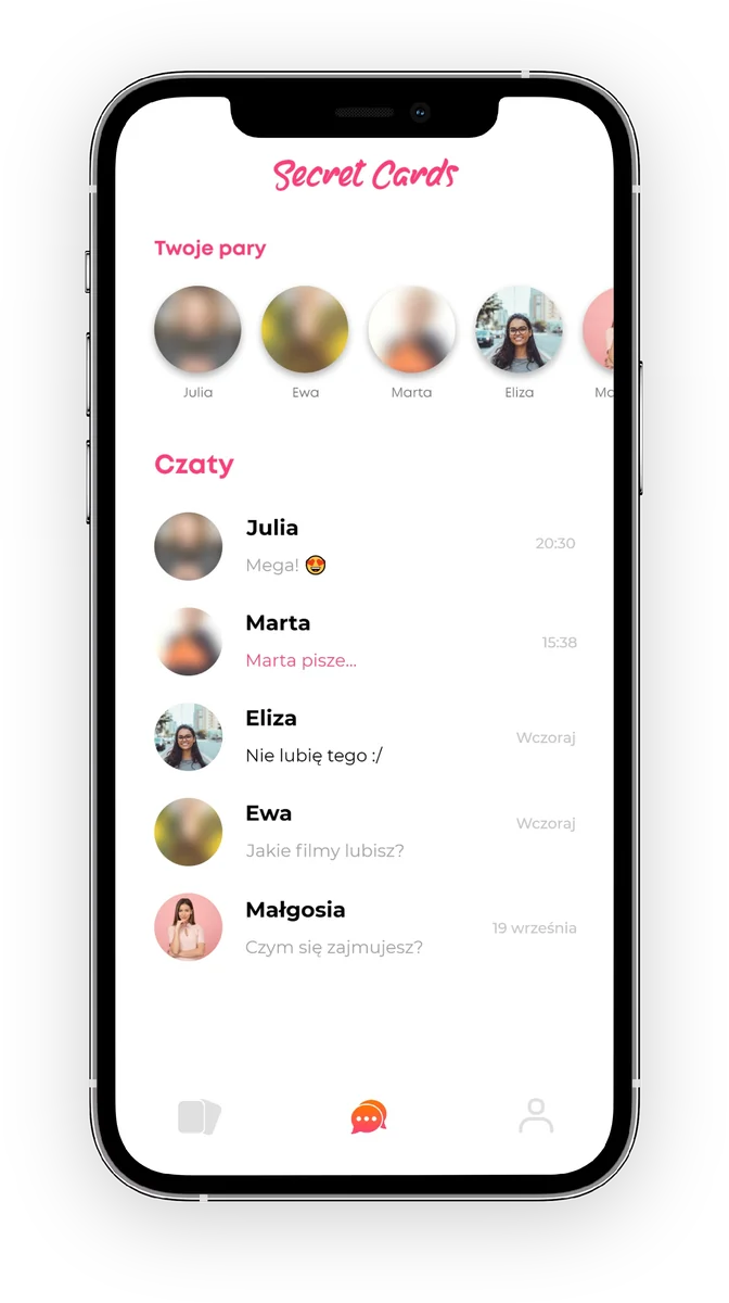 Ekran Secret Cards: lista par i czatów