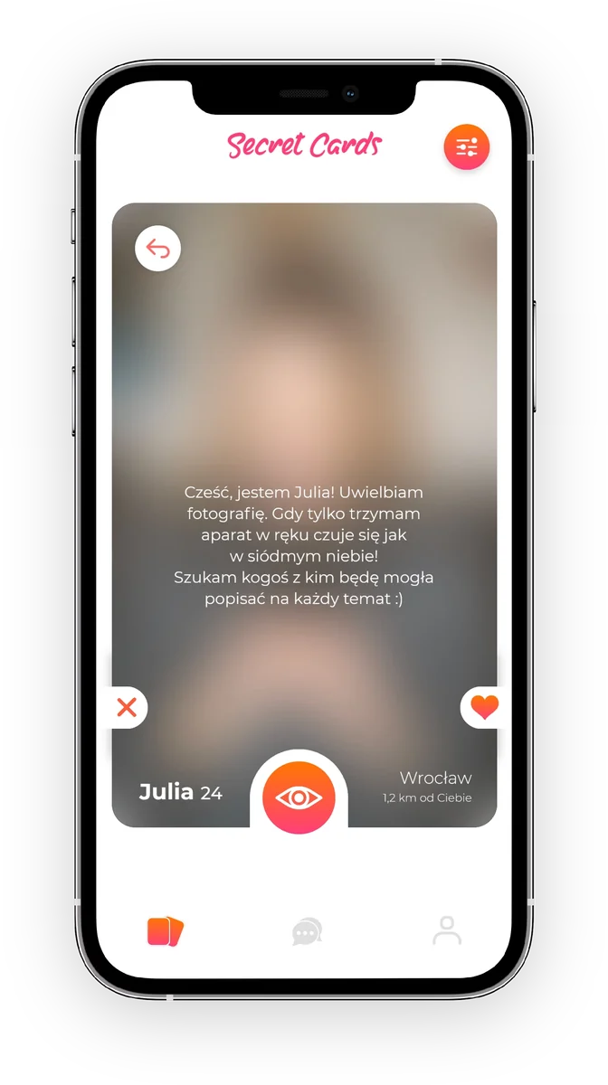 Ekran Secret Cards: zasłonięte zdjęcie profilowe i opis osoby